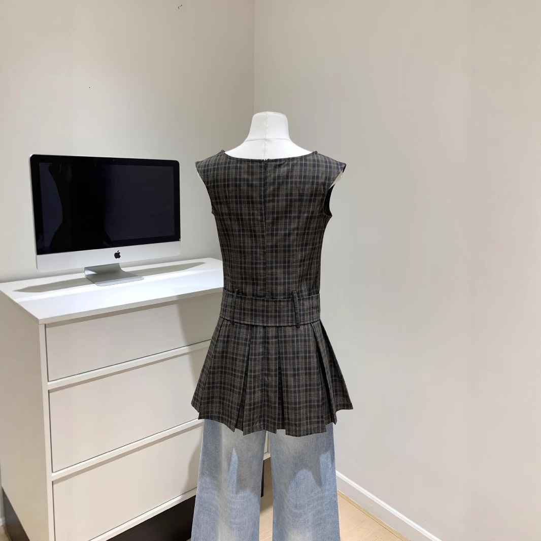 Summer Retro Plaid Designer Dress Waist Slim Pleated Mini Skirt Elegant Temperament Niche Fashion Casual Daily Streetwear For Women