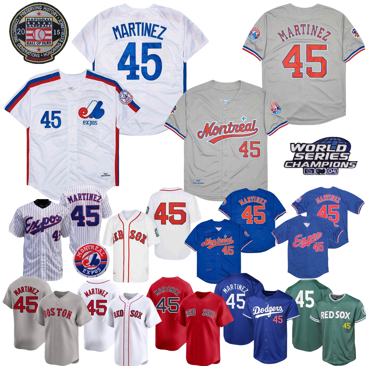 45 Pedro Martinez Vintage Jersey 1982 1999 2004 World Series Hall Of Fame Patch City Blue Cream Expos White Pinstripe Mesh Fans Red Grey Navy