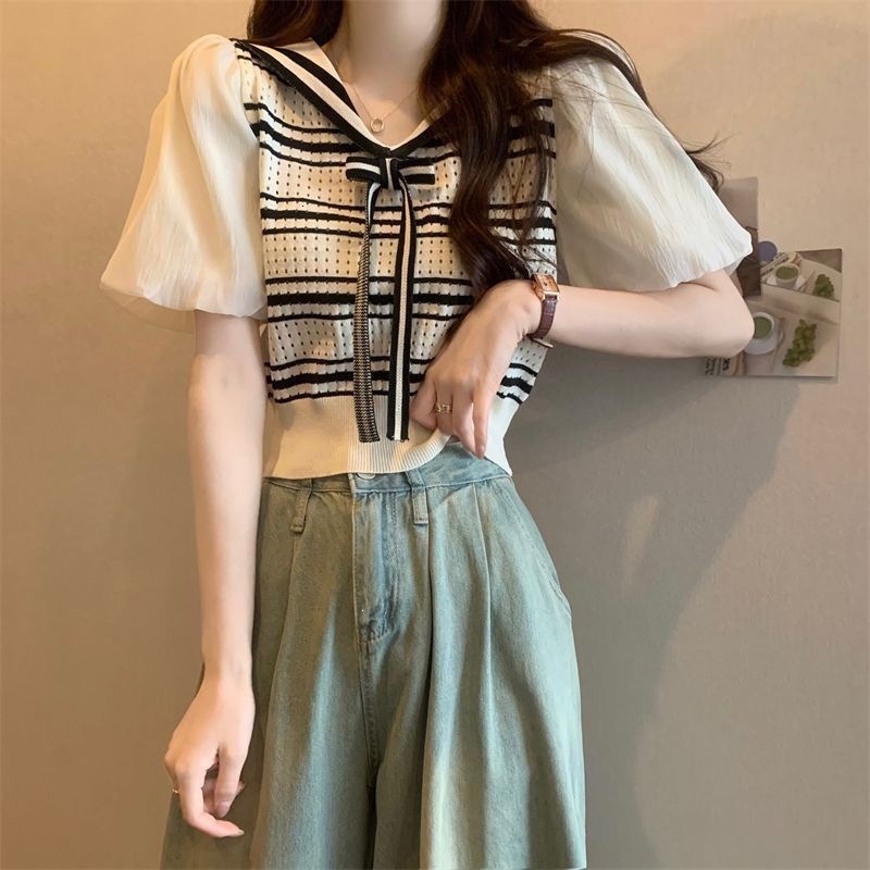 New Korean Preppy Style Navy Collar Puff Short Sleeve Slim Striped Knitted Designer Top Elegant Temperament Casual Daily Streetwear Fashion Blouse For