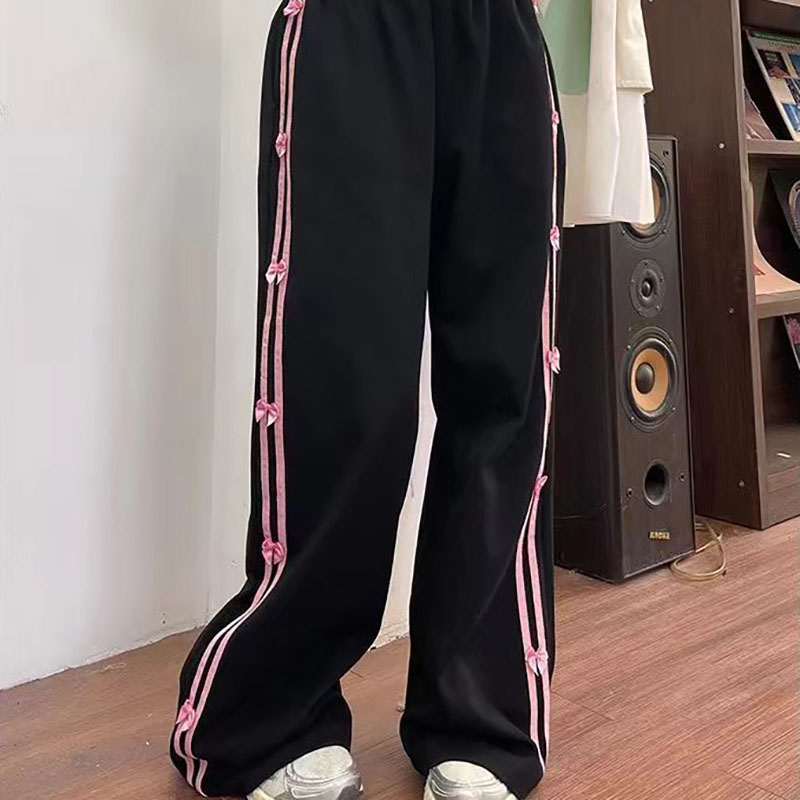 new Women's Casual Sweatpants with Bow and Side Stripes Loose and Slim-Fitting Wide-Leg Sports Trousers for Students Autumn and Winter