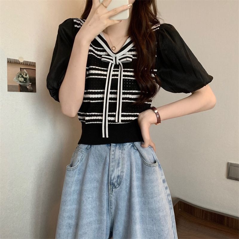 New Korean Preppy Style Navy Collar Puff Short Sleeve Slim Striped Knitted Designer Top Elegant Temperament Casual Daily Streetwear Fashion Blouse For