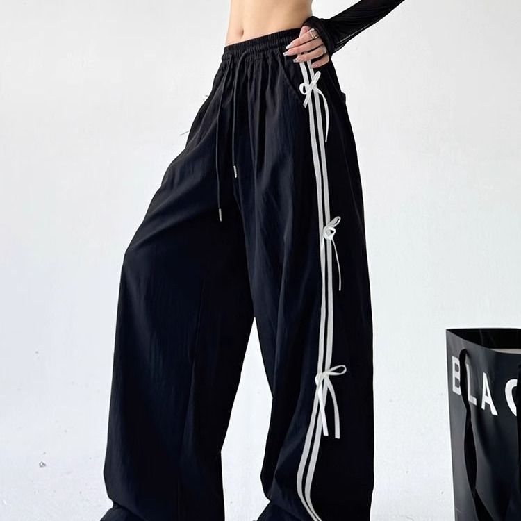2026 new Trendy Versatile Quick-Drying Wide-Leg Pants Korean Style Black Strappy Bowknot Loose Slimming Elastic Waist Casual Trousers