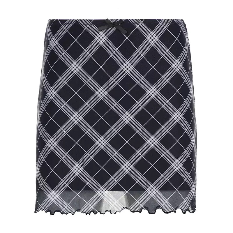 Spicy Girl Blue White Plaid Mesh Double Layer Ruffled Designer Skirt American Style High Waist Slim Casual Hip Wrapped Mini Skirt Elegant Temperament 
