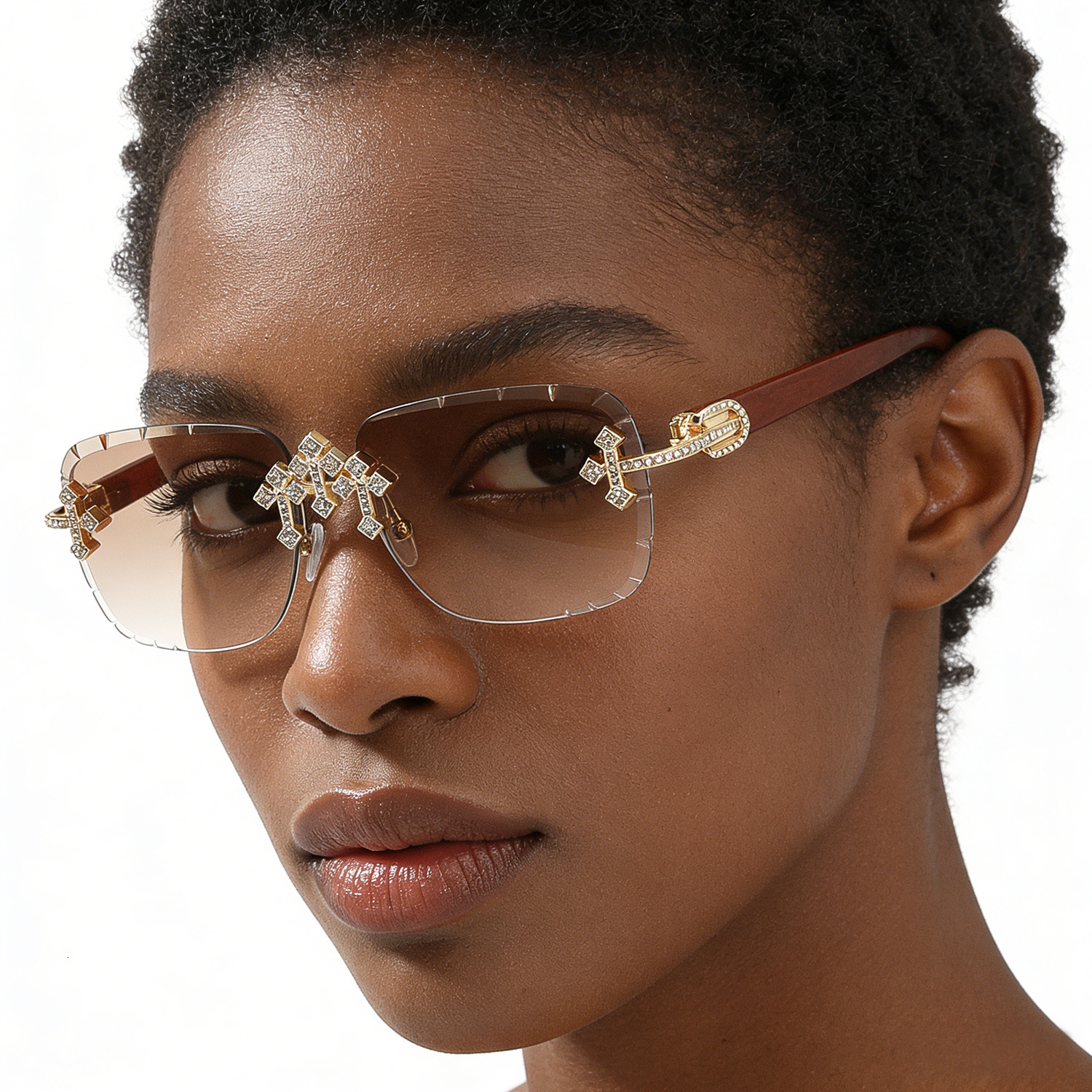 New Hip-hop Fashion Rimless Cut-edge Designer Sunglasses Diamond Inlaid Lens Imitation Wood Grain Temple Outdoor Street Shooting Trendy UV Protection 