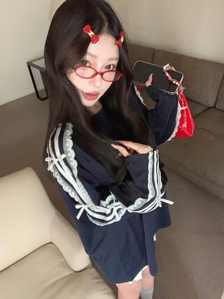 2026 Women's Summer Korean-style Casual Loose Mid-length Long-sleeved T-shirt with Lace Trim Stripes and Bowknot a Stylish Top