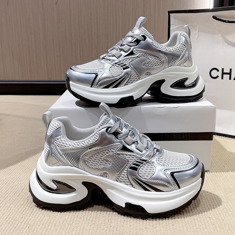 free shipping Women's 2026 Spring Breathable Mesh Platform Dad Sneakers, Silver Color Trendy Height Increase Casual Sports Shoes
