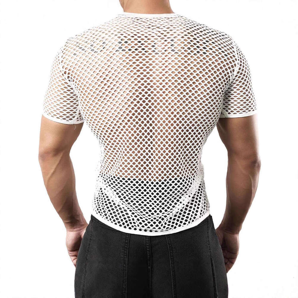 Designer 2026 Summer Luxury European And American Fashion Quick-dry Hollow Men's Round Neck Mesh Short Sleeve T-shirt Breathable Plus Size Fishne