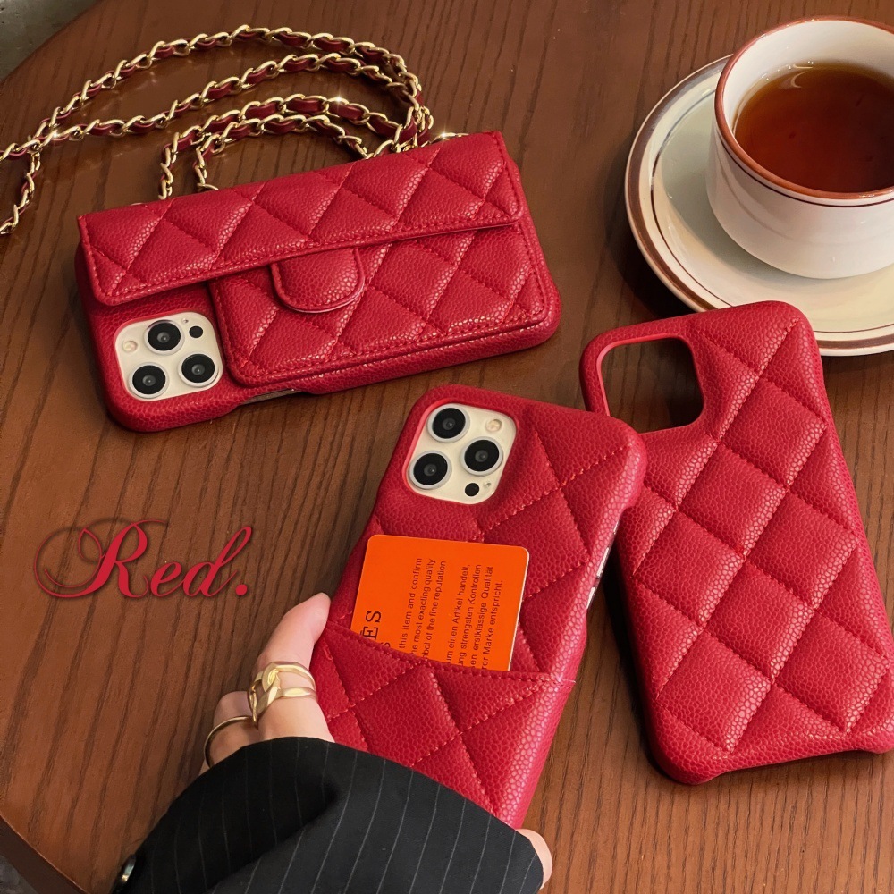 Personality Particle Texture Red Leather Designer Phone Case Creative Card Pocket Suitable For iPhone 17 16ProMax 15 14Pro Anti Drop Protective Cover