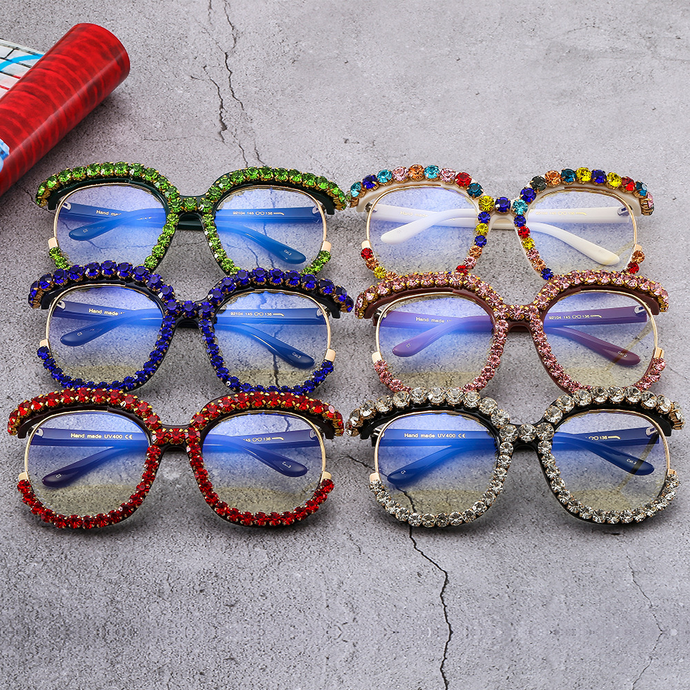 Designer Sunglasses Semirimless diamondembellished flat glasses largeframe round sunglasses UV400 antiultraviolet lightcolored Luxury brand sunglasses