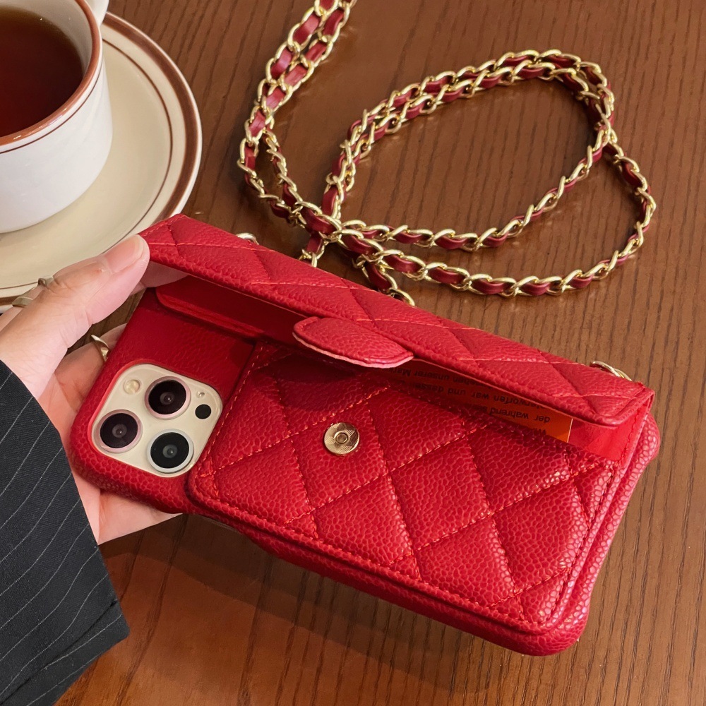 Personality Particle Texture Red Leather Designer Phone Case Creative Card Pocket Suitable For iPhone 17 16ProMax 15 14Pro Anti Drop Protective Cover