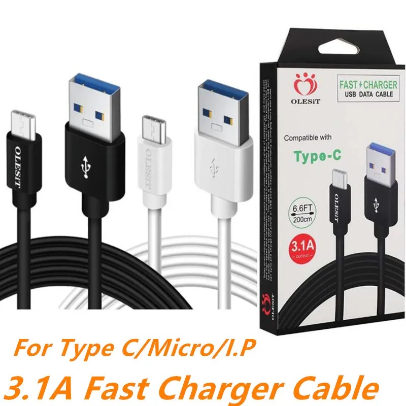 Olesit 3.1A 2M 3M Fast Charger USB Cable 1M 3.6A USB A to Type C Micro Data Sync Cellphone Fast Charging Cable Cord For iphone Xiaomi Samsung Huawei W