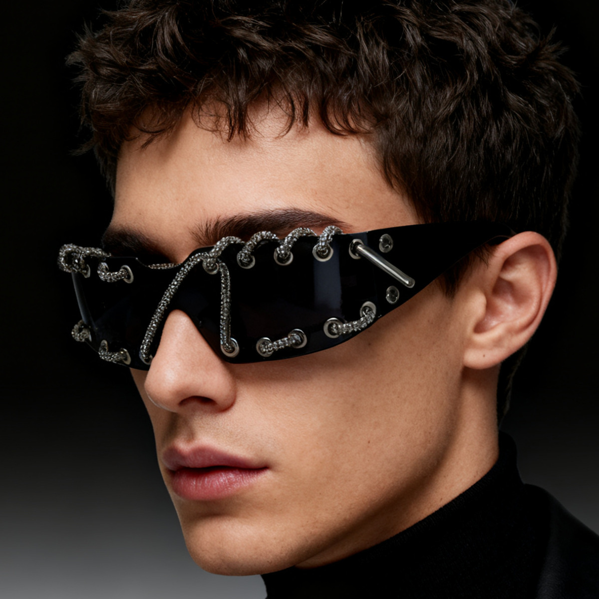 Luxury Brand Designer Womens Cyberpunk Y2K Rimless Sunglasses Rhinestone Rivet Metal Ring UV400 Protective Future-Punk Shades for Rave Club