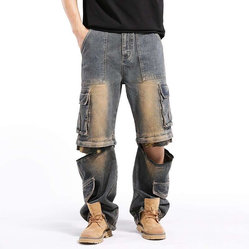Designer 2026 Trade Design: Luxury Heavy-duty Workwear Multi-pocket Jeans For Men, Large Size, European And American Style, Loose Fit, Detachable Free