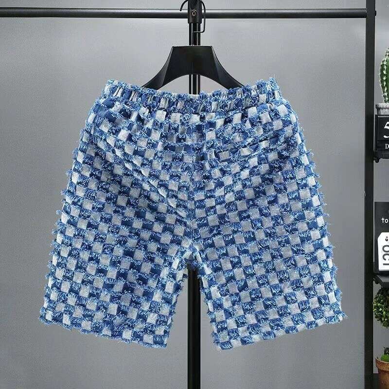 Designer 2026 Summer New Checkered Fringe Denim For Men, European And American Luxury Brand Mid-length Pants, Men's Casual Trendy Shorts Free Shi