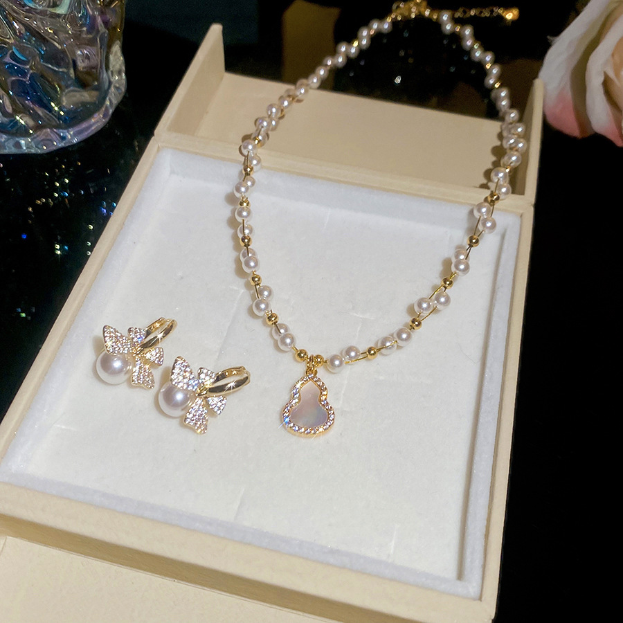 French vintage silver needle zircon bow pearl earring and necklace set 2026 new light luxury high-end jewelry - view 8