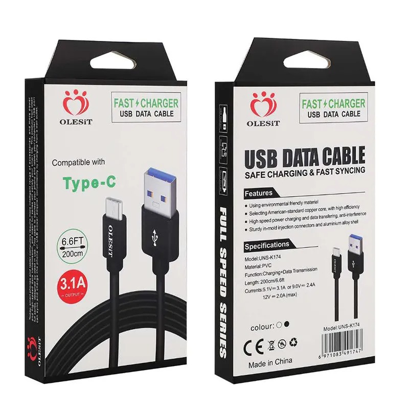 Olesit 3.1A 2M 3M Fast Charger USB Cable 1M 3.6A USB A to Type C Micro Data Sync Cellphone Fast Charging Cable Cord For iphone Xiaomi Samsung Huawei W