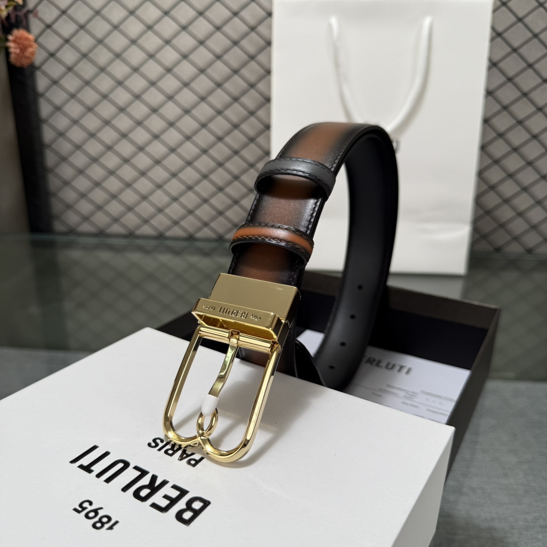 2026 New Berluti Designer Men Belts TOP Quality Fashion Genuine Leather Belt Luxury Classic Men Woman Black White Waistband Gold Buckle Belt 3.5cm With Original Box