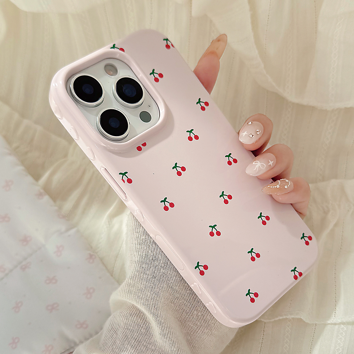 Pink Cherry Designer Phone Case Glossy Korean Niche Style Suitable For iPhone 17 16 15ProMax 14 11 Anti Drop Full Coverage Protective Cover