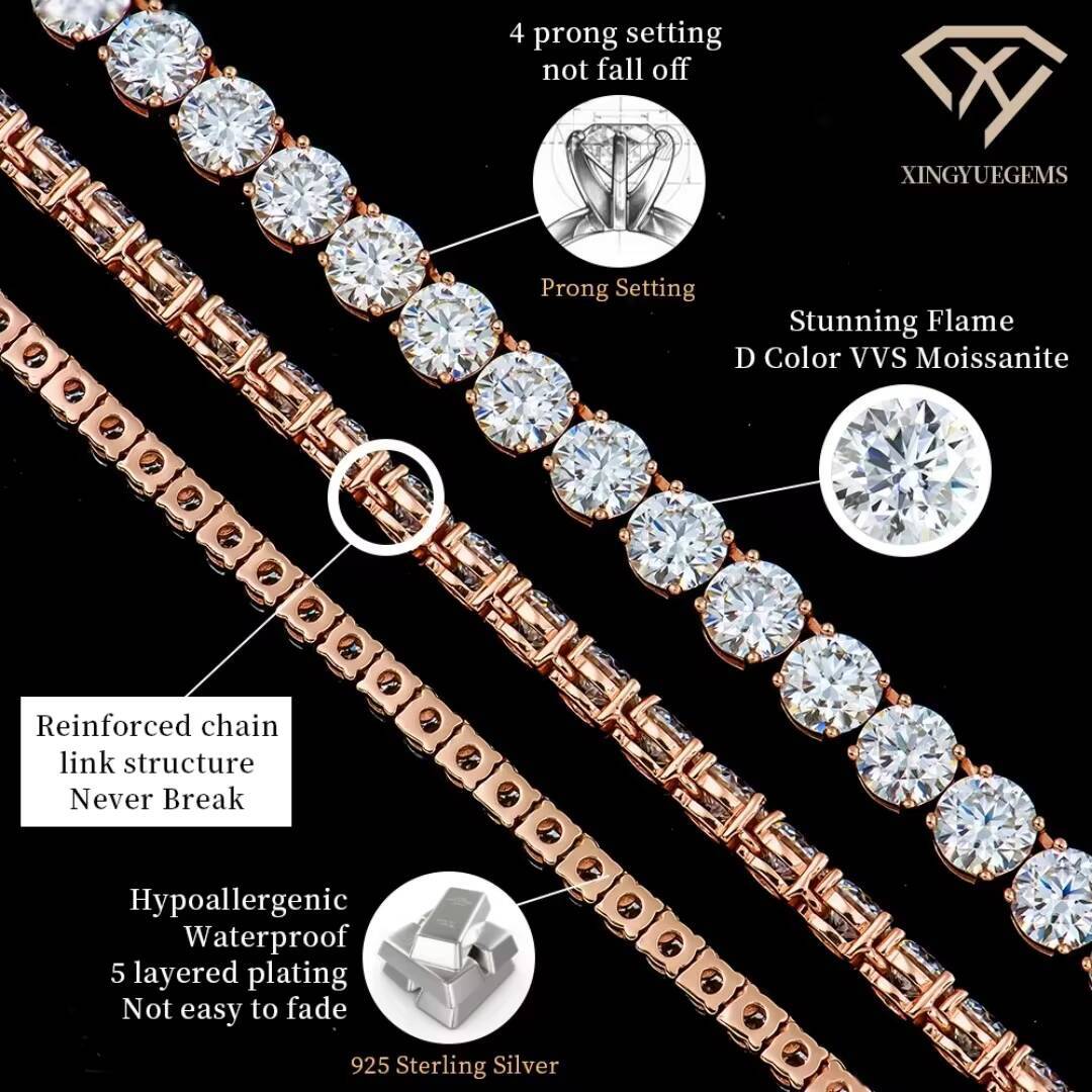 Custom Rose Gold Plated S925 Sterling Silver Brilliant Cut Moissanite Tennis Chain Necklace Trendy Link Style Men Women Great