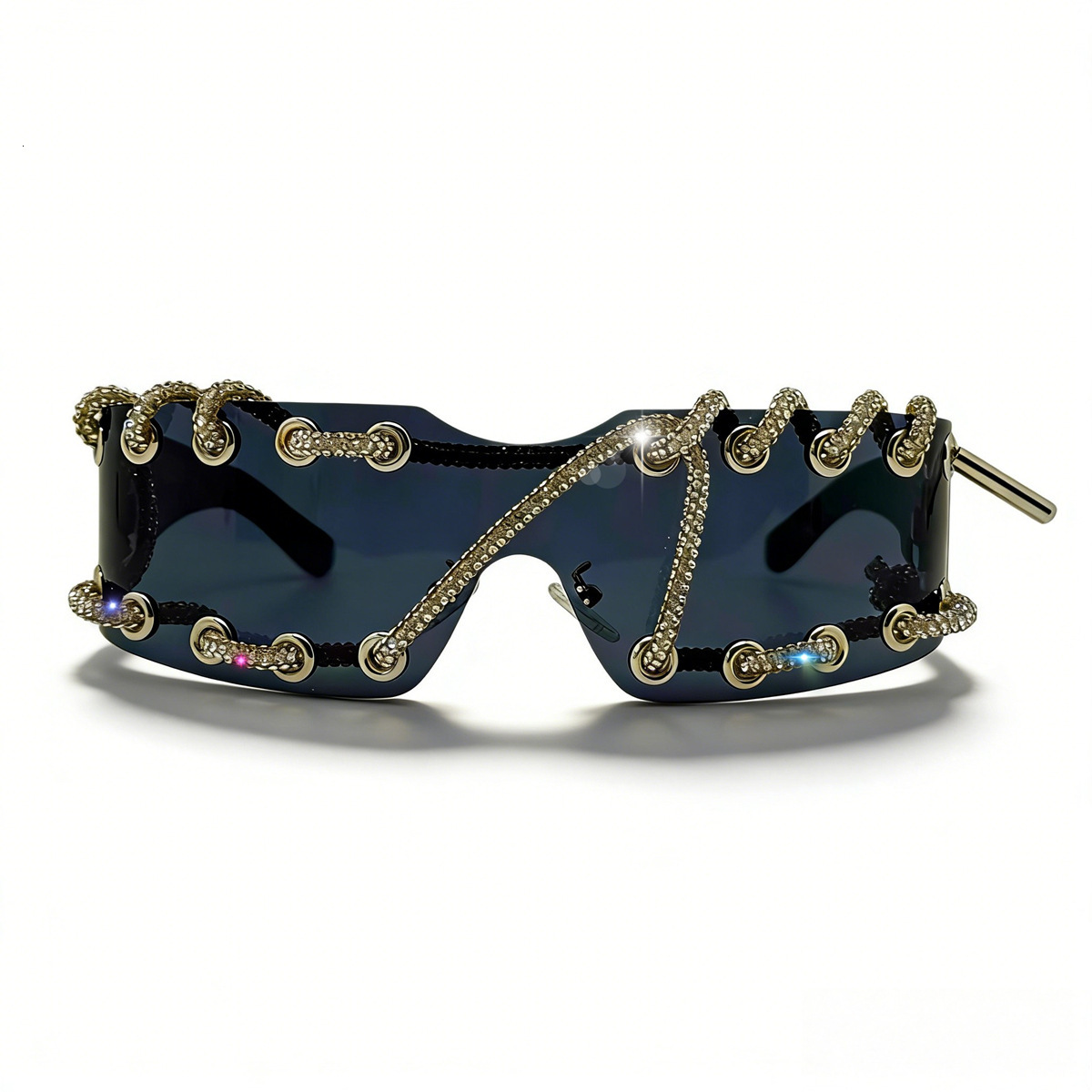 Luxury Brand Designer Womens Cyberpunk Y2K Rimless Sunglasses Rhinestone Rivet Metal Ring UV400 Protective Future-Punk Shades for Rave Club