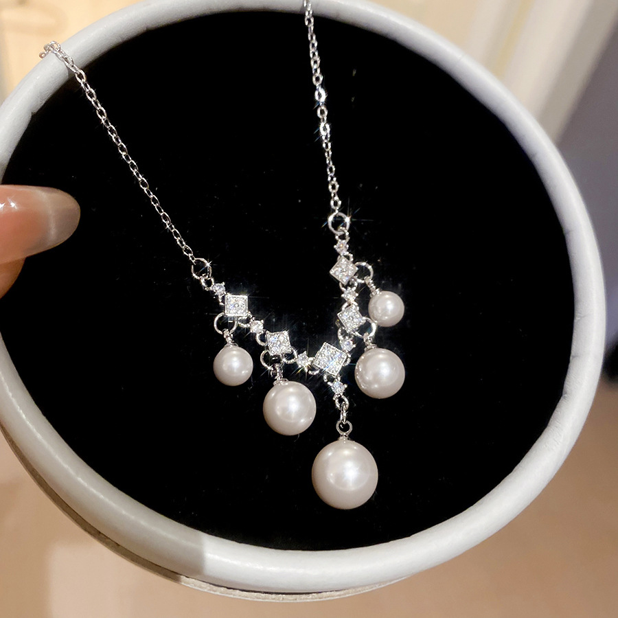 French vintage zircon pearl necklace earring set, exquisite and elegant, versatile, light luxury, high-end jewelry for women - view 9