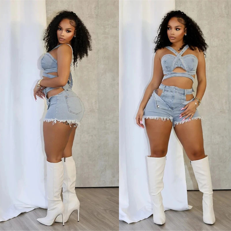 Sexy Jean Women Short Sets Straps Denim Crop Top and Cut Out Shorts Set Summer Clothes Streetwear Two 2 Piece Club Outfits 260430