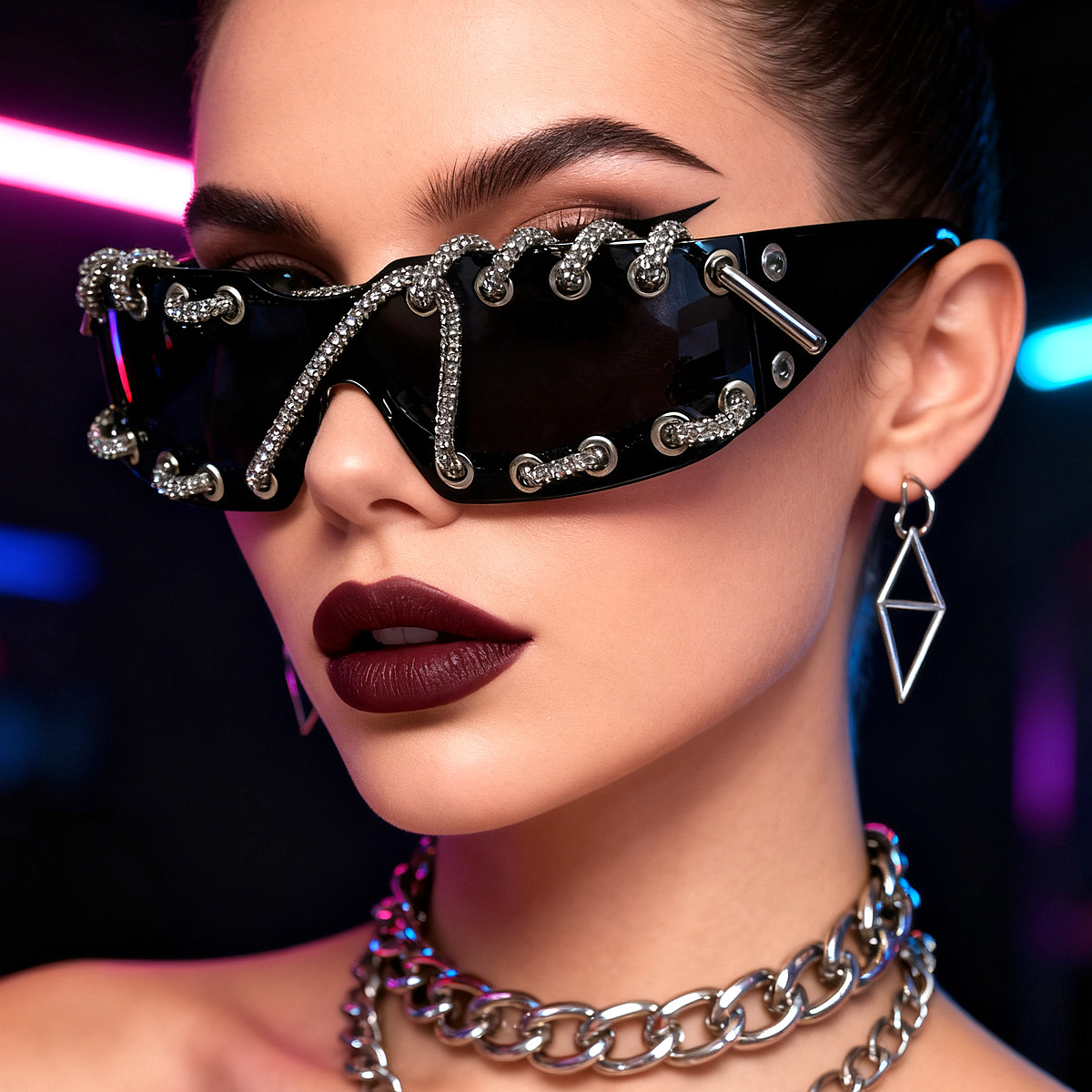 Luxury Brand Designer Womens Cyberpunk Y2K Rimless Sunglasses Rhinestone Rivet Metal Ring UV400 Protective Future-Punk Shades for Rave Club