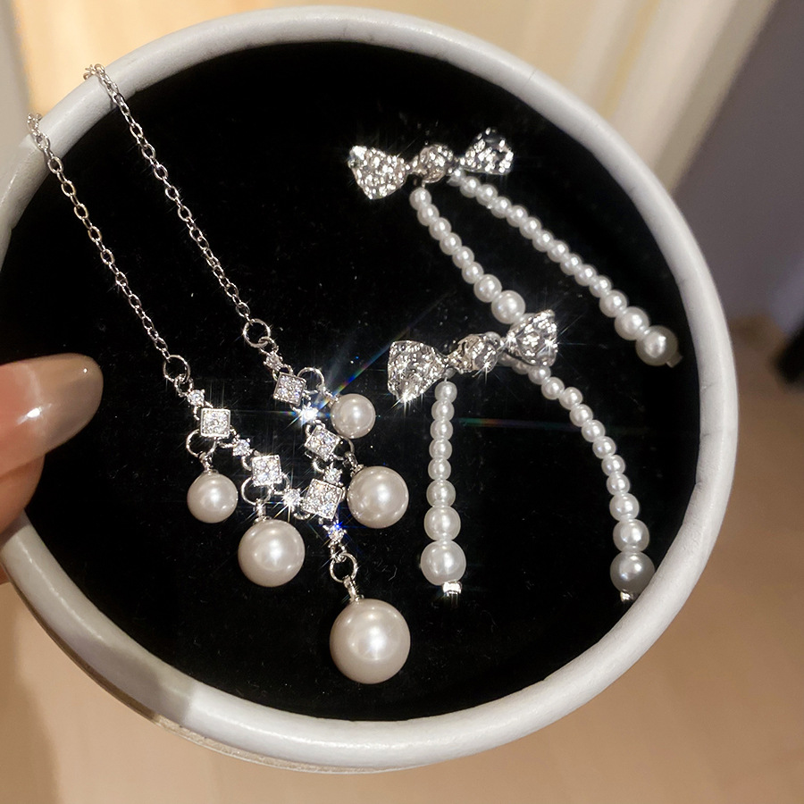French vintage zircon pearl necklace earring set, exquisite and elegant, versatile, light luxury, high-end jewelry for women - view 8