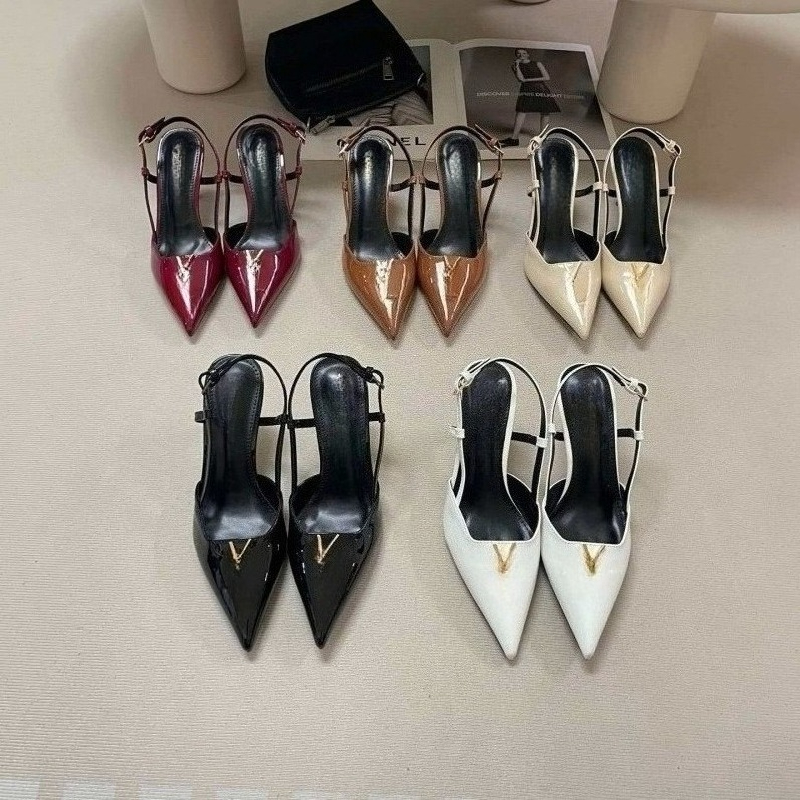 Y Luxury Designer Shoes Fashion Ladies Pointed Toe Slingback Pumps, Women's Ankle Strap Stiletto Party Shoes Metal Logo High Heels for Wedding Party 8cm Plus Size 34-42