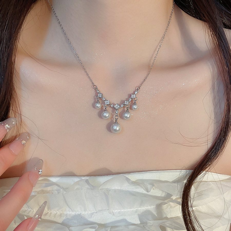 French vintage zircon pearl necklace earring set, exquisite and elegant, versatile, light luxury, high-end jewelry for women - view 5