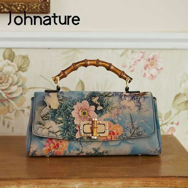 Johnature Cheongsam Leather Handbag New Vintage Print Women Bag Handmade Elegan Ladies Shoulder Crossbody Bags SENYY