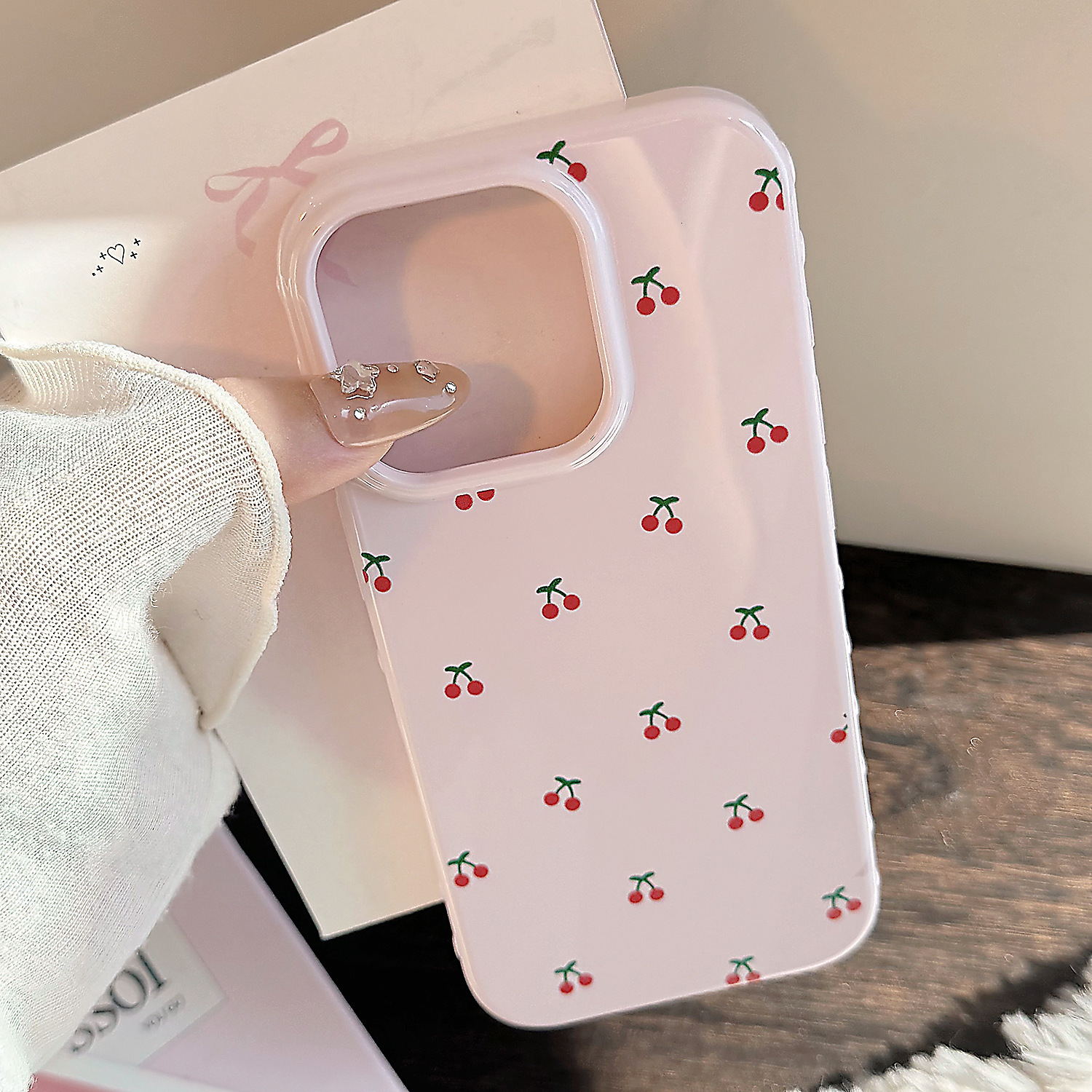 Pink Cherry Designer Phone Case Glossy Korean Niche Style Suitable For iPhone 17 16 15ProMax 14 11 Anti Drop Full Coverage Protective Cover