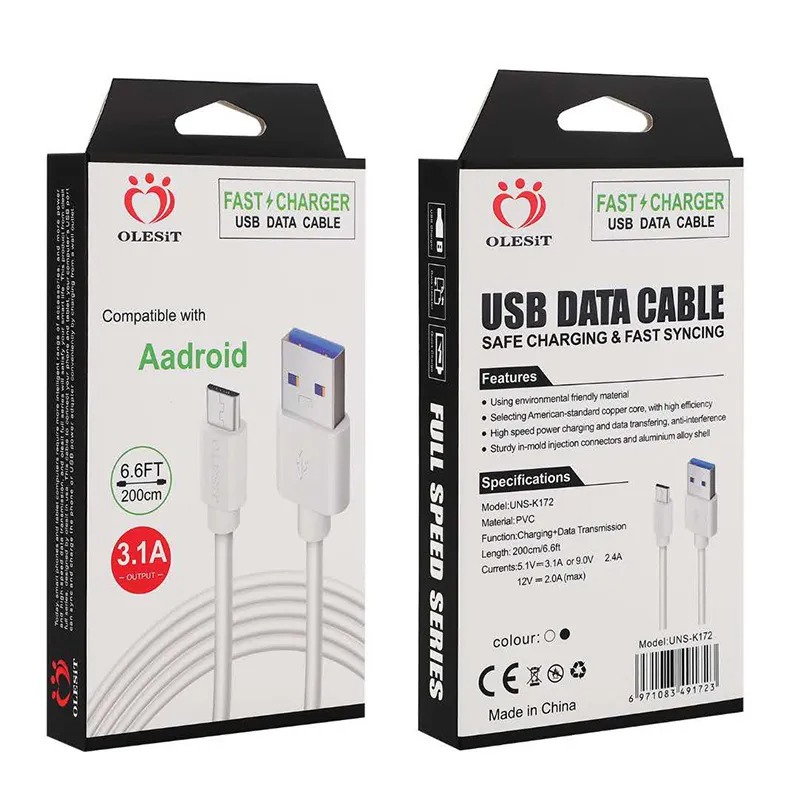 Olesit 3.1A 2M 3M Fast Charger USB Cable 1M 3.6A USB A to Type C Micro Data Sync Cellphone Fast Charging Cable Cord For iphone Xiaomi Samsung Huawei W