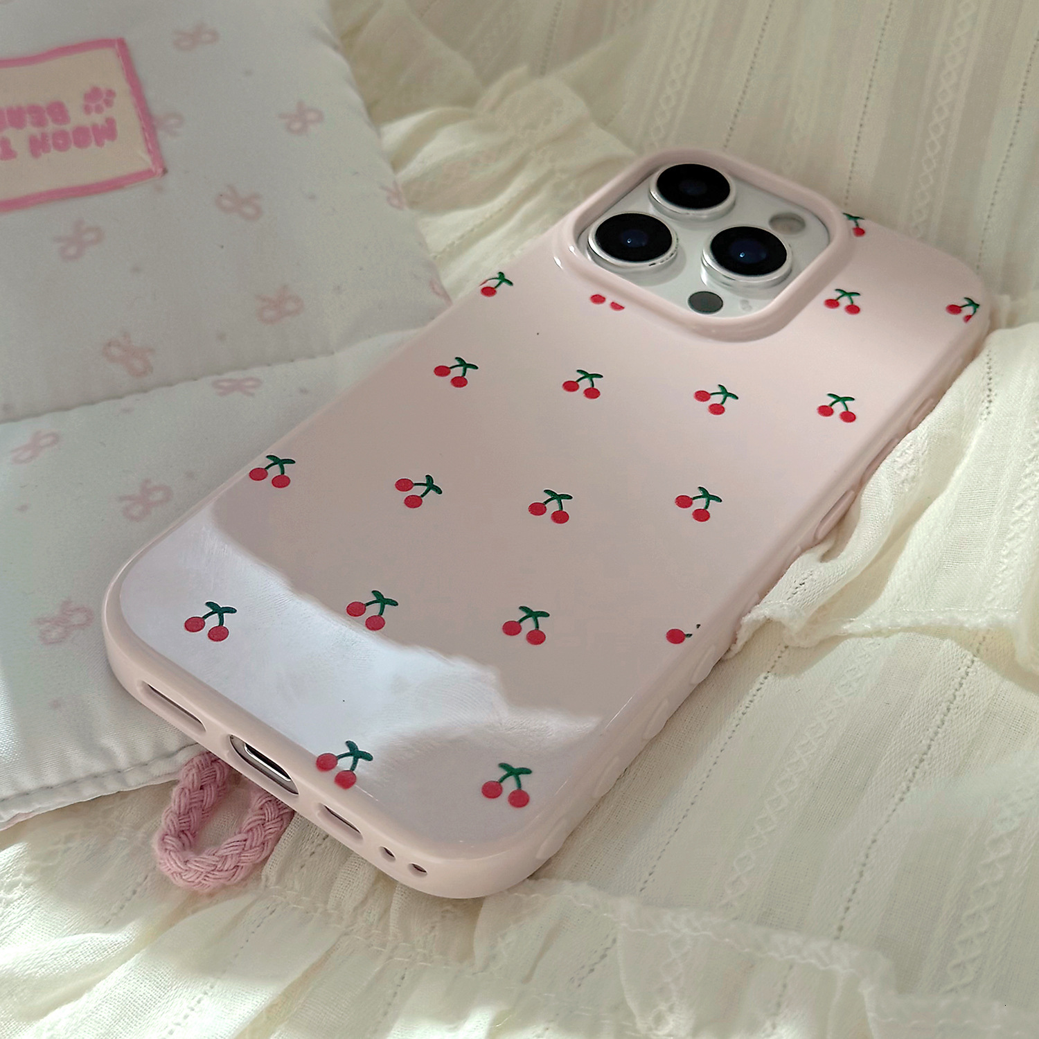 Pink Cherry Designer Phone Case Glossy Korean Niche Style Suitable For iPhone 17 16 15ProMax 14 11 Anti Drop Full Coverage Protective Cover