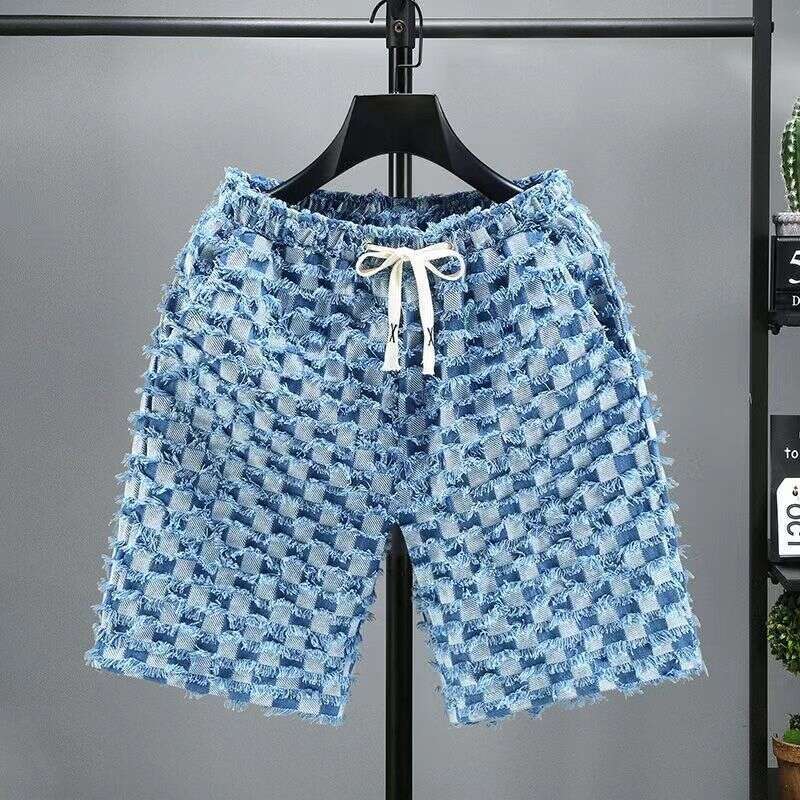 Designer 2026 Summer New Checkered Fringe Denim For Men, European And American Luxury Brand Mid-length Pants, Men's Casual Trendy Shorts Free Shi