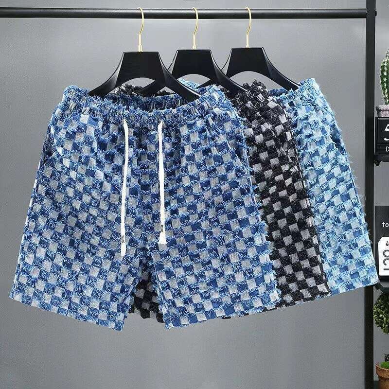 Designer 2026 Summer New Checkered Fringe Denim For Men, European And American Luxury Brand Mid-length Pants, Men's Casual Trendy Shorts Free Shi
