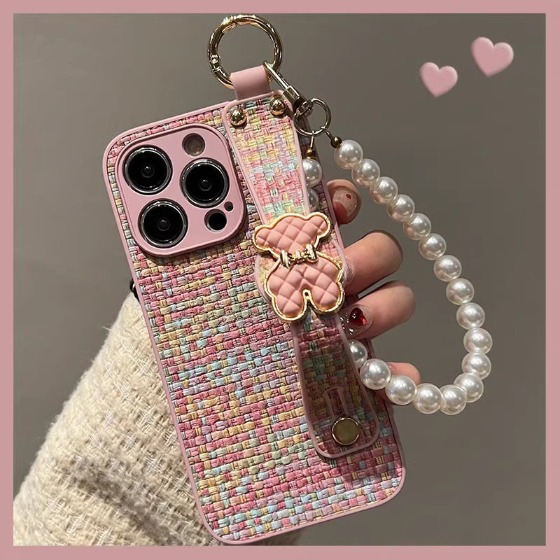 Winter Style Woven Leather Pattern Bear Designer Phone Case Wrist Strap Chain Full Coverage Shockproof Protective Shell Fit For IPhone 17 16 15 14