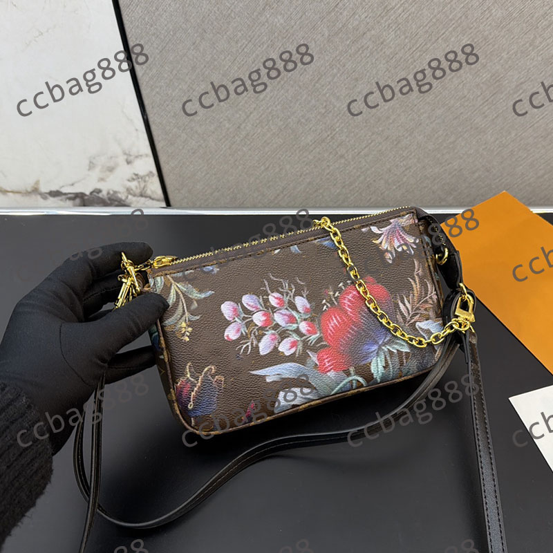 Women Designer Flower Pochette Accessoires Zipper Mahjong Clutch Vanity Bag Gold Chain Leather Strap Underarm Shoulder Handbag Makeup Coin Wallet Purse 23x13cm