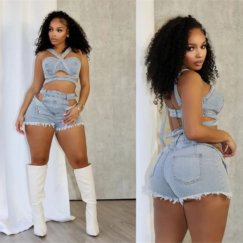 Sexy Jean Women Short Sets Straps Denim Crop Top and Cut Out Shorts Set Summer Clothes Streetwear Two 2 Piece Club Outfits 260430