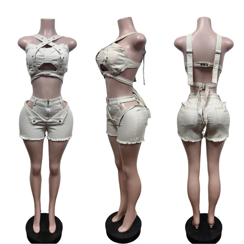 Sexy Jean Women Short Sets Straps Denim Crop Top and Cut Out Shorts Set Summer Clothes Streetwear Two 2 Piece Club Outfits 260430