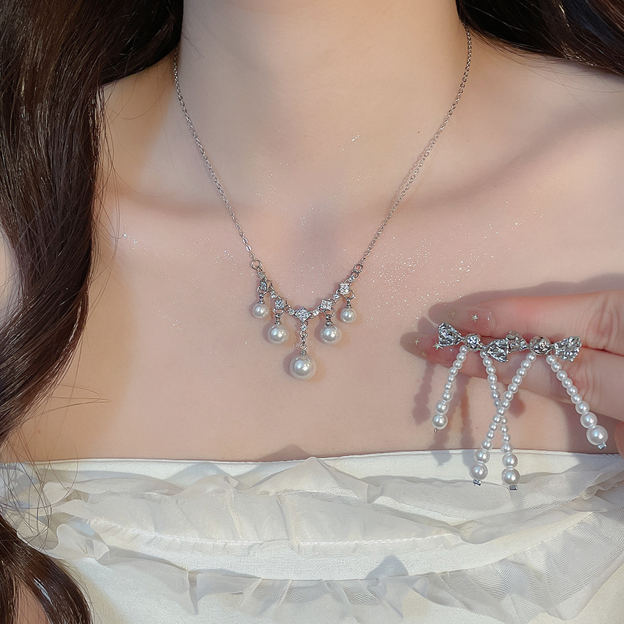 French vintage zircon pearl necklace earring set, exquisite and elegant, versatile, light luxury, high-end jewelry for women - view 3