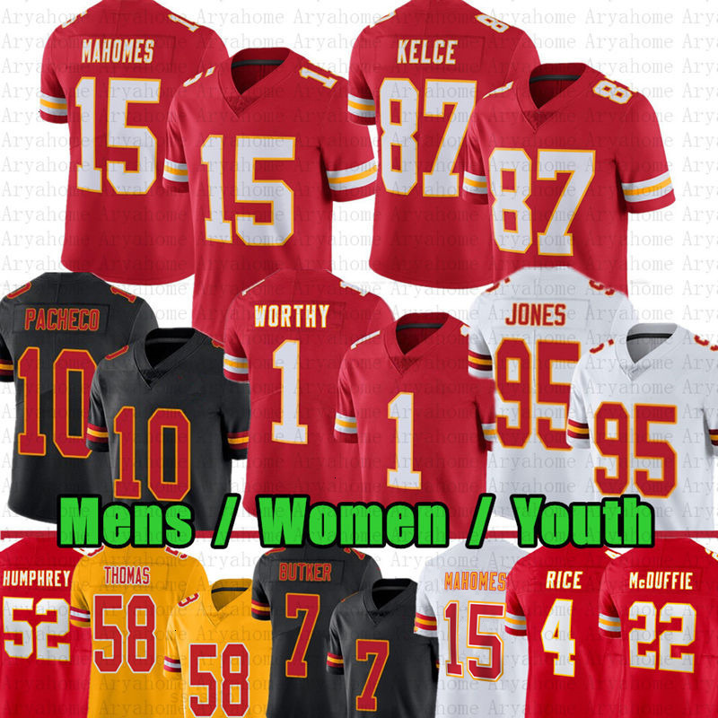 15 Patrick Mahomes Travis Kelce Isaih Pacheco Football Jersey Xavier Worthy Chris Jones Harrison Butker Nick Bolton Rashee Rice DeAndre Hopkins Creed 
