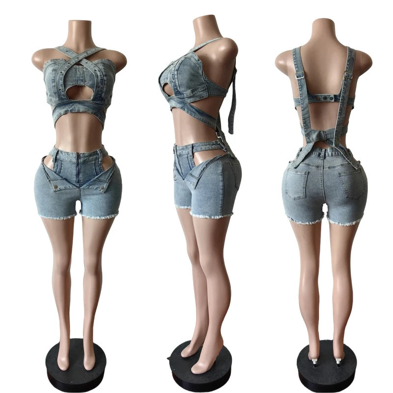 Sexy Jean Women Short Sets Straps Denim Crop Top and Cut Out Shorts Set Summer Clothes Streetwear Two 2 Piece Club Outfits 260430