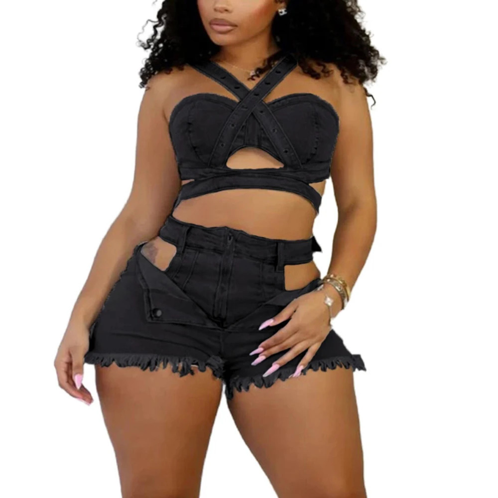 Sexy Jean Women Short Sets Straps Denim Crop Top and Cut Out Shorts Set Summer Clothes Streetwear Two 2 Piece Club Outfits 260430