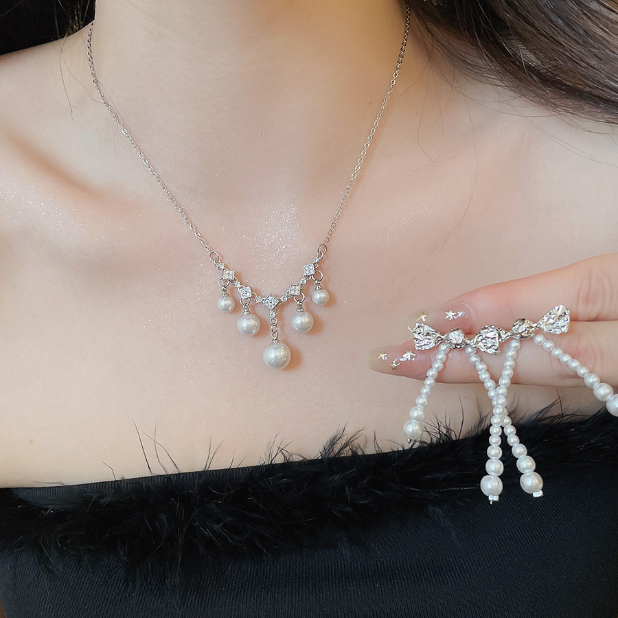 French vintage zircon pearl necklace earring set, exquisite and elegant, versatile, light luxury, high-end jewelry for women - view 4