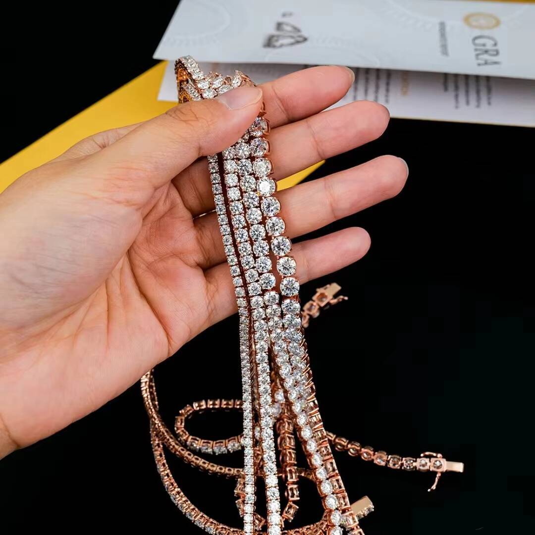Custom Rose Gold Plated S925 Sterling Silver Brilliant Cut Moissanite Tennis Chain Necklace Trendy Link Style Men Women Great