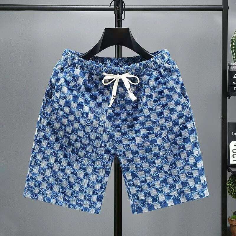 Designer 2026 Summer New Checkered Fringe Denim For Men, European And American Luxury Brand Mid-length Pants, Men's Casual Trendy Shorts Free Shi