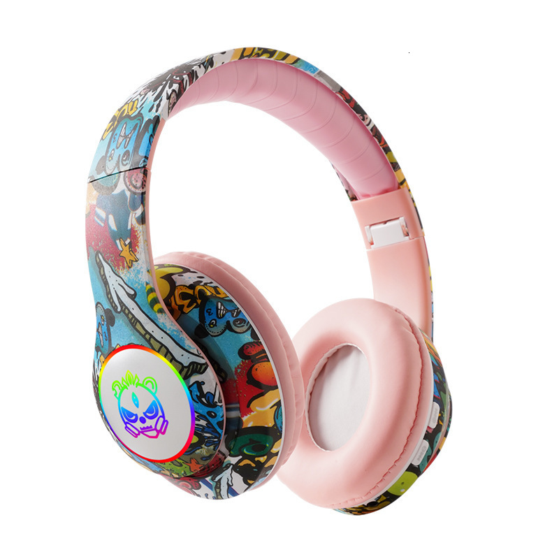 Wireless Over Ear Designer Headphones New Graffiti Blue LED Glowing Wireless Bluetooth Headset Support TF Card Playback