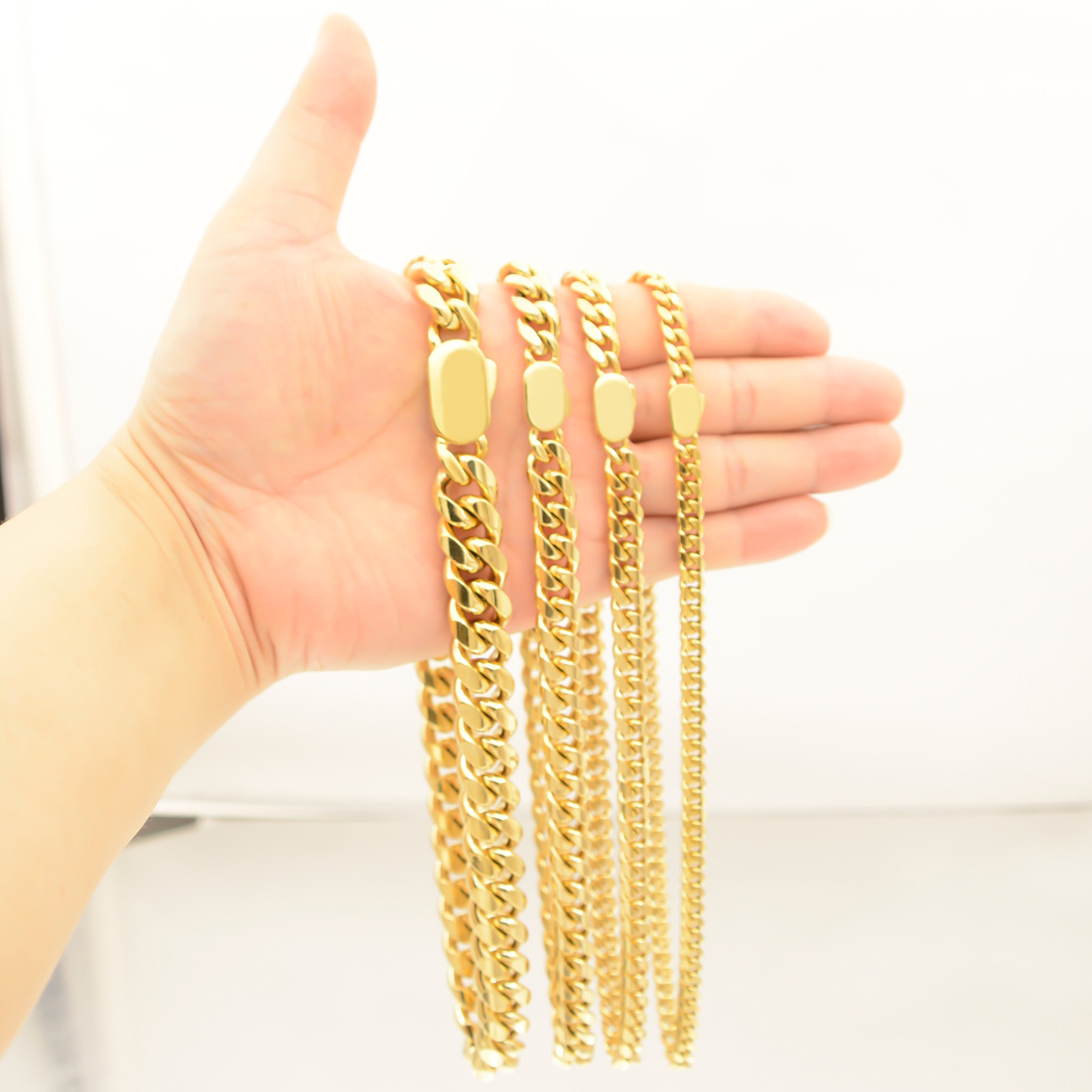 6-14mm Stainless Steel Miami Cuban Chain Necklace Bracelet with Spring Clasp Gold Color