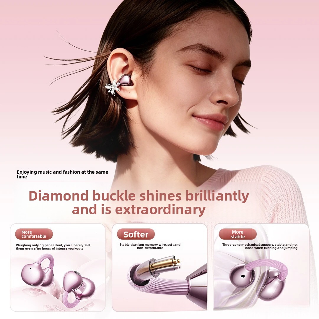 Wireless Ear Clip Designer Headphones Butterfly Ear Ornament Heart Shaped Charging Case With Makeup Mirror High Appearance Level Fashion Wireless Blue